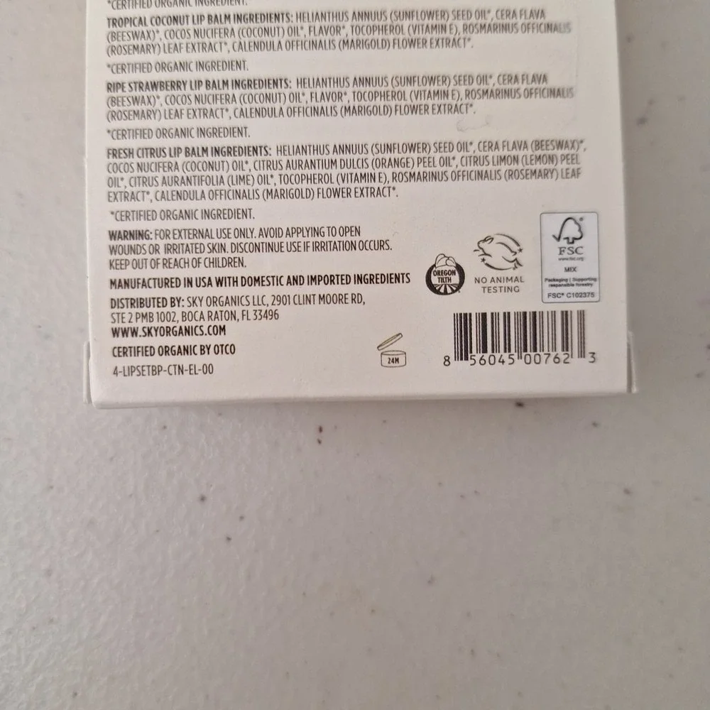 Two Packs Of Sky Organics Lip Balms w/ Beeswax 4-pack Certified USDA Organic